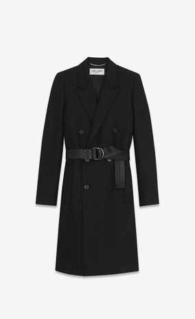 SAINT LAURENT Coats Man Double-Breasted Belted Coat in Black Virgin Wool a_V4